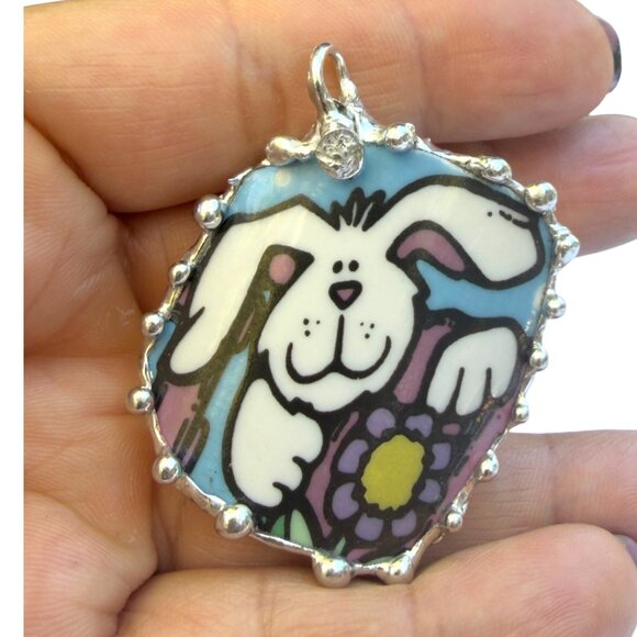 Hand Crafted Jewelry - Handmade Easter Bunny Pendant With Silver-Blend Frame Made From Vintage Royal No